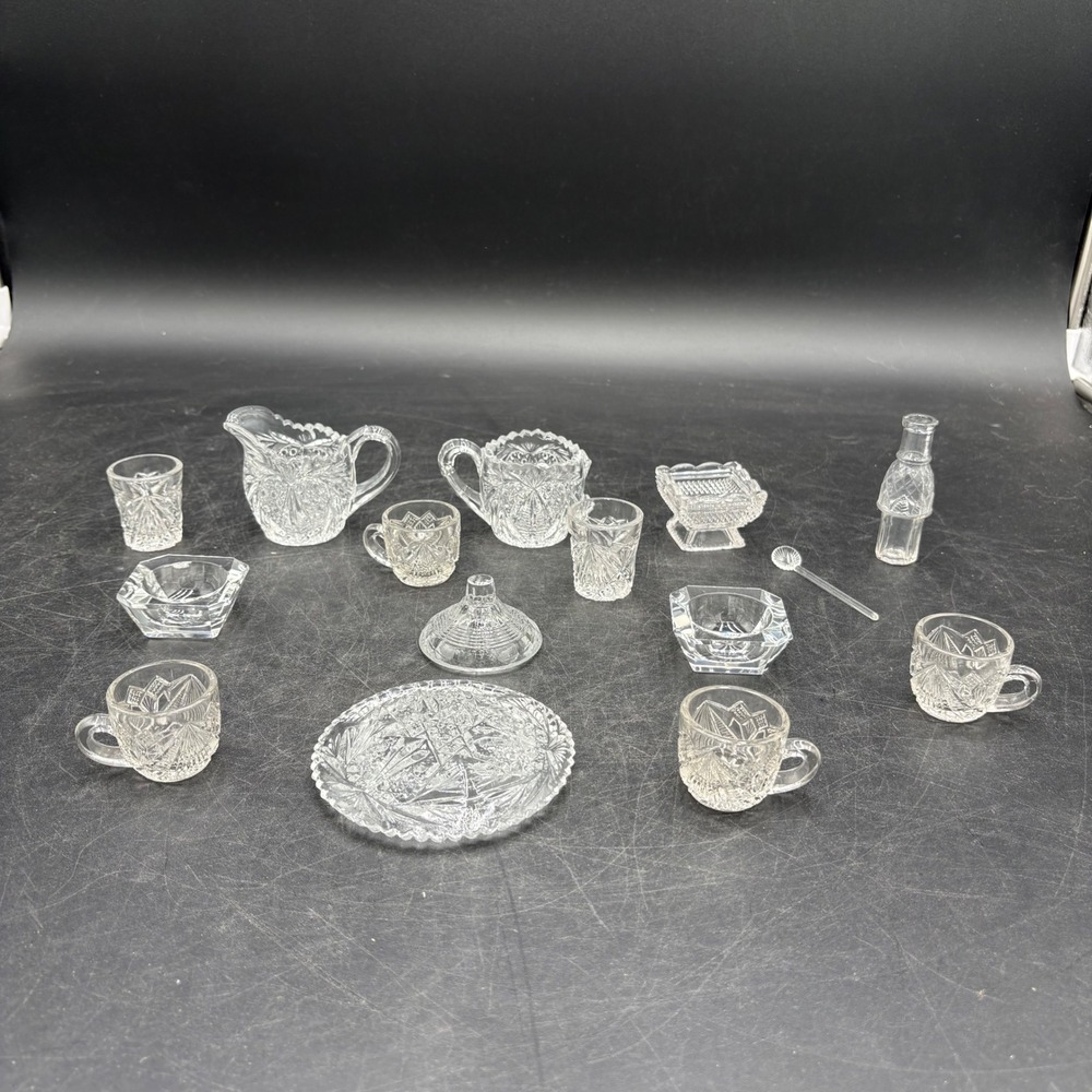 Vintage Miniature Pressed Glass Dollhouse Tea Set 14pc Starburst Pattern Clear